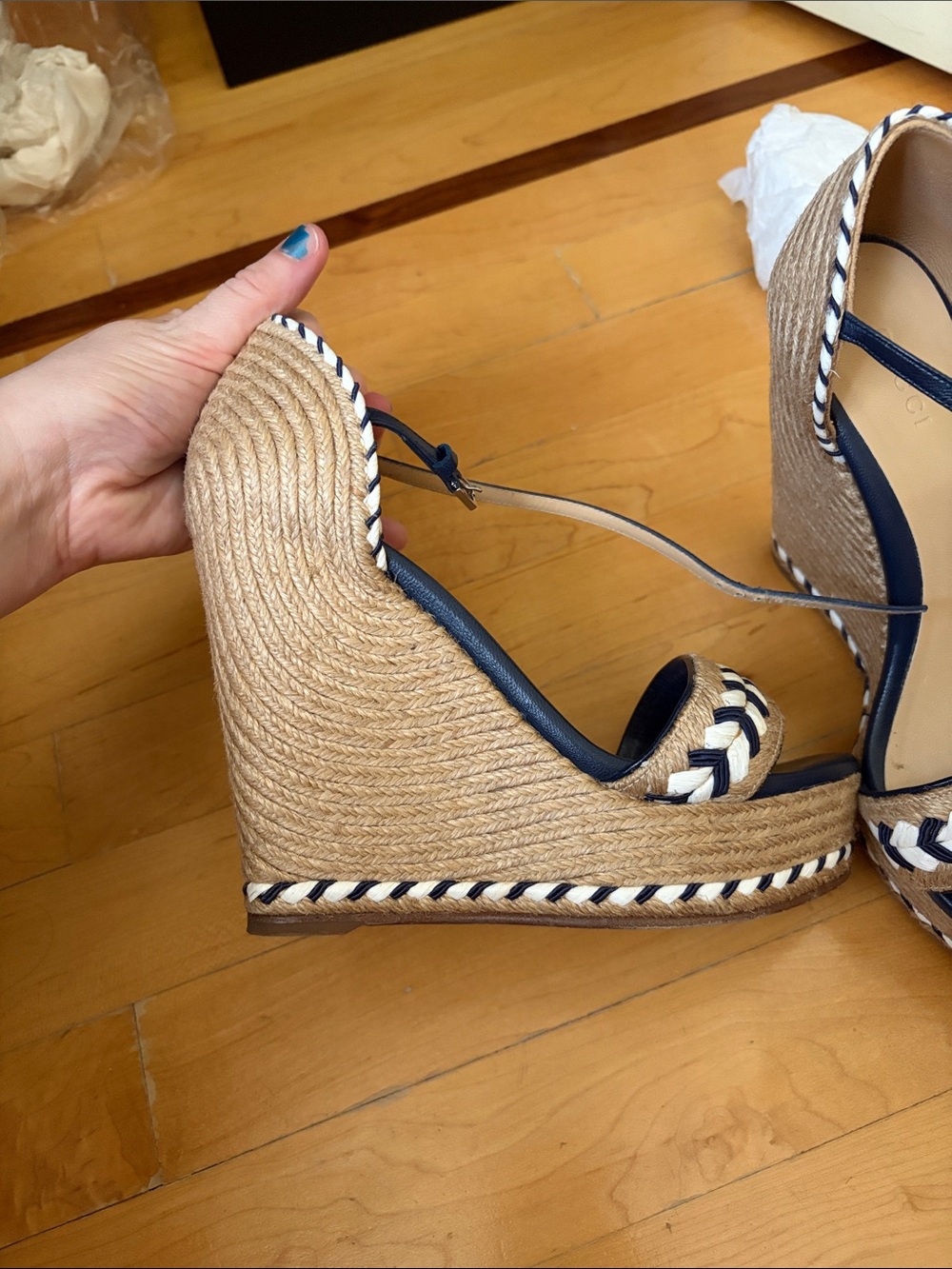 Gucci Navy and Tan Braided Espadrille Wedge Sandals - Picture 4 of 14
